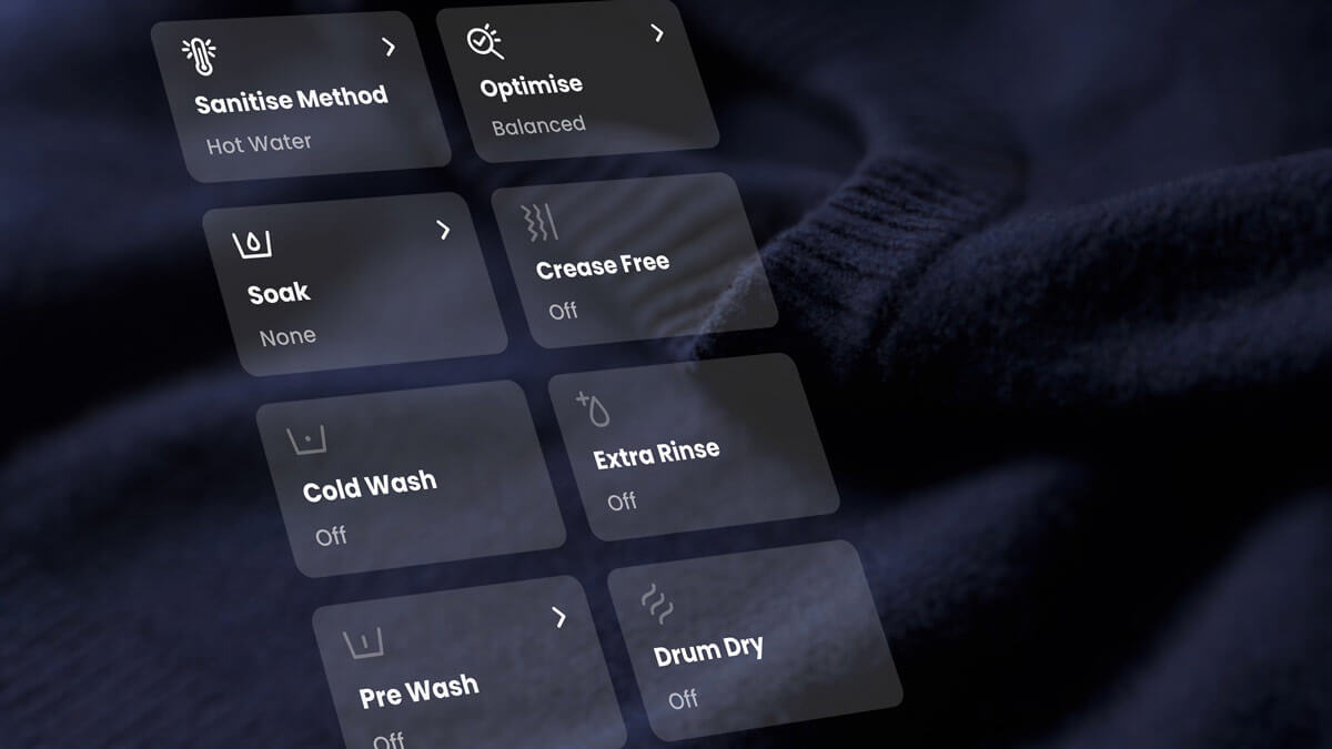 SmartHQ app advanced settings including Sanitise Method, Soak, and Crease Free options
