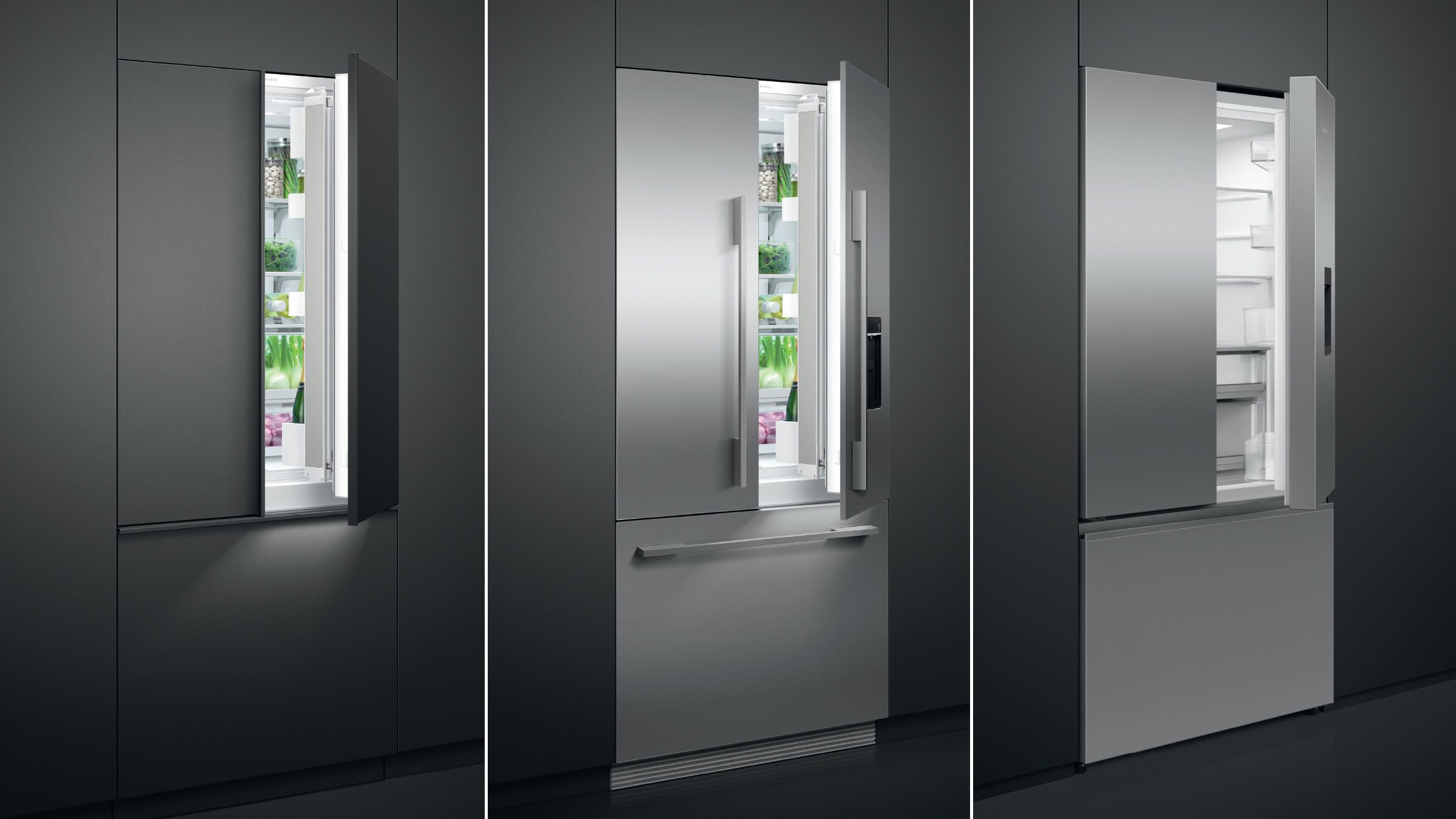 Comparison showing American Style refrigeration in integrated, built-in, and contemporary expressions