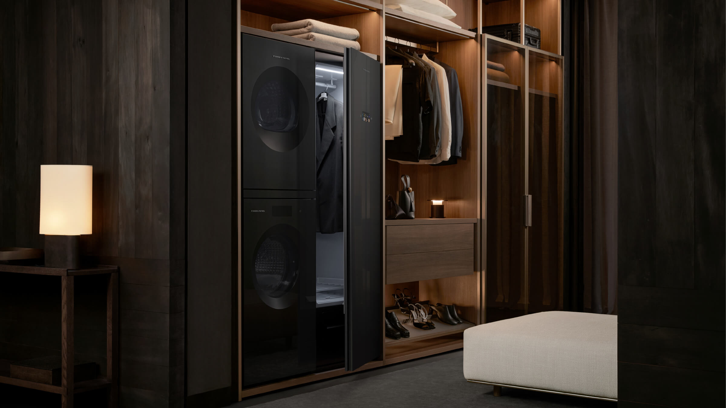 Fabric care suite in dressing room with open cabinet