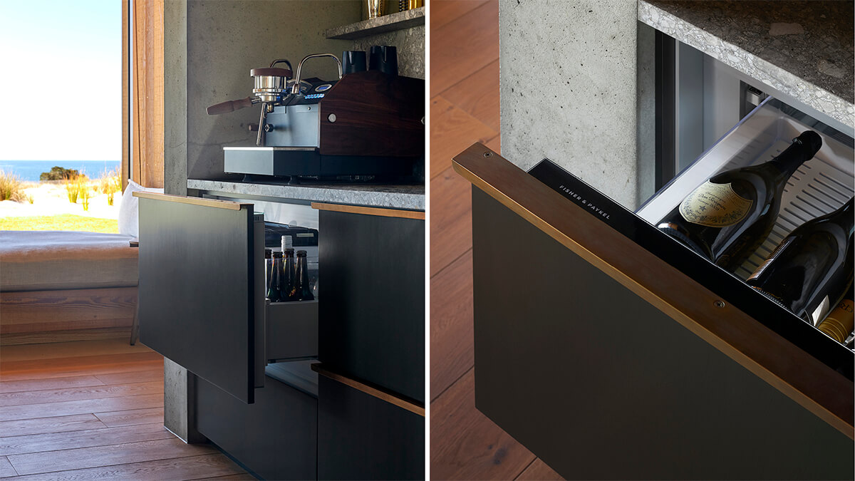 Close up of an open CoolDrawer&trade; that is storing wine bottles.